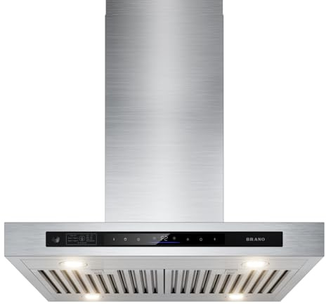 BRANO Island Range Hood 30 Inch with 900 CFM 4 Speeds，Voice/Gesture/Touch Control Kitchen Hood, Ducted/Ductless Convertible，Adjustable Lights Stainless Steel Vent Hood