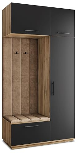 Masseno Flugarderoben Set Rema, Kleiderschrank-Set mit Sitzbank, Garderobenschrank Flur mit 5 Regalböden, Eiche Wotan/Schwarz
