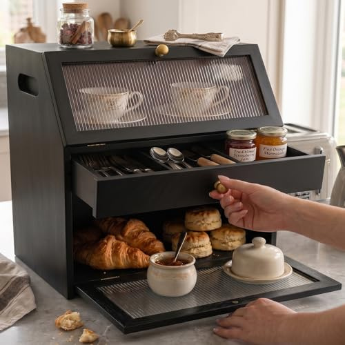 Bamboo Bread Bin Bread Bins for Kitchen Double Bread Box 2-Tier Storage Bins Black Desktop Organizer Counter Bread Keeper Pull-Out Drawer Dust-Proof Space-Saving Countertop Cabinet for Bedroom Office