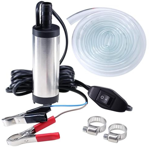 EAFCar 12V Fuel Transfer Pump Diesel Oil Pump Submersible Water Pump with 3m Hose & 2 Hose Clamps for Caravan Boat Car Tank Motorhome Bilge - 12V Battery Powered
