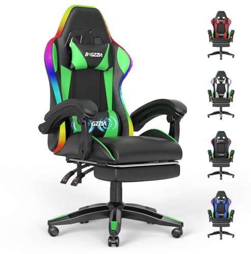 bigzzia Silla Gaming, Silla Ergonómica con LED para Videojuegos, Silla Gaming con Almohada Lumbar de Masaje y Reposacabezas, Altura Ajustable para Gaming, Estudio y Oficina (Verde)