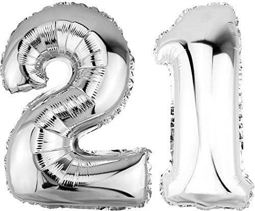 DekoRex Folienballon Silber 40cm Geburtstag Jubiläum Hochzeit Deko (Zahl 21)