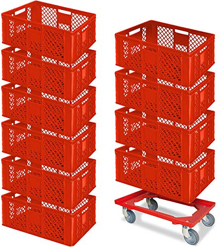 BRB 10 Eurobehälter, LxBxH 600x400x240 mm, lebensmittelecht + 1 Transportroller (rot/rot)