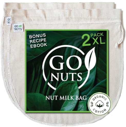 Milk Bag by GO NUTS 2 Pack 100% Organic Cotton Plant Based Milk Strainer, Reusable for Almond Milk, Nut milk, Cold Brew, tea, celery juice, and More Triple-Stitched, Chef-Approved ”12x12”