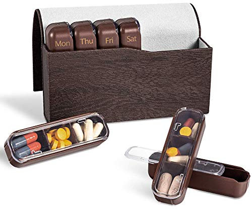 O'woda Pillenbox 7 Tage, Woche Pillendosen Tragbar mit 21 Fächer, Siegel und Feuchtigkeitsbeständiger, Medikamentendosierer für Morgens Mittags Abends, für Kinder Schwangere Alte Leute (Braun)