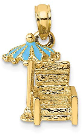 Halskette mit Anhänger, 14 Karat Gold, 3D-Strandkorb mit Aqua-Regenschirm, Maße: 13,4 x 7,6 mm breit, 7,5 mm dick, Schmuckgeschenk für Frauen, Metall
