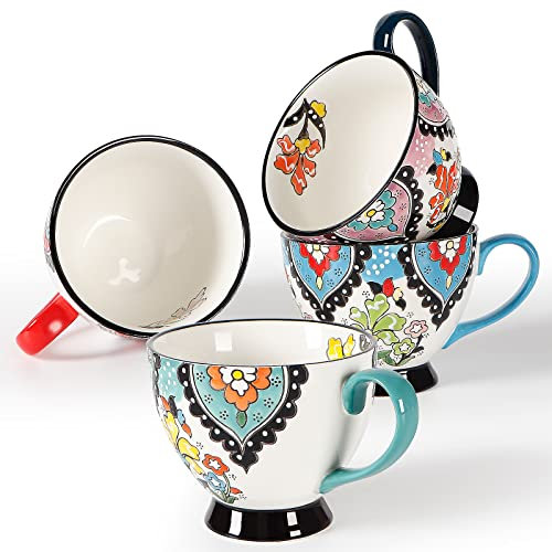superyes Handmade Ceramic Coffee Mugs Set of 4 Latte Cup for Cappuccino Tea, Cocoa, Milk and Water White Matte Glazed Mug with Handle(Tulip Pattern,12oz)
