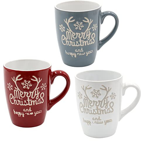 Dekohelden24 Keramik Weihnachts-Tassen als 3er Set, Höhe: 11 cm - Ø 8 cm, Fassungsvermögen 300 ml.