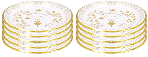 Piatto di Carta da 10 Pezzi, Vassoi per Alimenti in Carta Stoviglie Decorative con Design Mi Primera Comunione per Taglieri di Salumi per Feste, Picnic, Catering e Feste