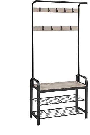 VASAGLE Kleiderständer, Garderobe, Eingangsmöbel, mit abnehmbaren Haken, Bank und Schuhregal, Höhe 183 cm, Metallrahmen, industrieller Stil, Graubraun und Schwarz HSR400B02