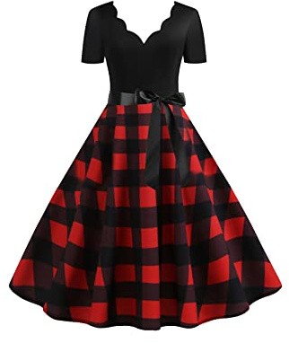 Yming Damen Casual Plaid Kleid Audrey Hepburn Kurzarm Kleid Festival Party Kleid Rot Schwarz Plaid XL