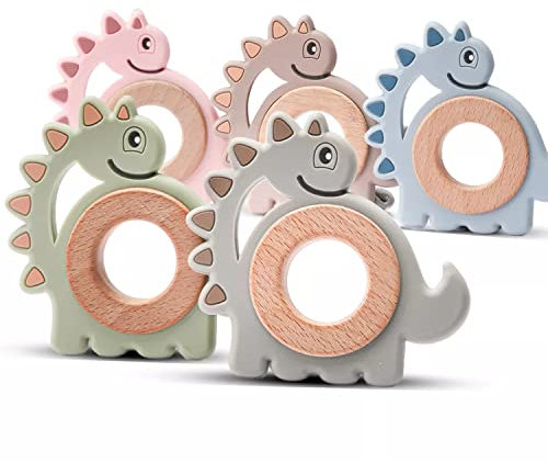Dinosaurier Beißring für Baby Natur Buchen-Holz & Silikon - Kauspielzeug, Zahnungshilfe & Greifring für Jungen & Mädchen - Babyspielzeug nachhaltig, BPA-frei, schadstofffrei (Dino Grau)