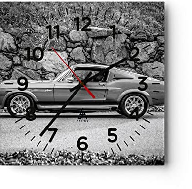 Modern Wanduhr Auto Ford Mustang 40x40cm Quadrat Groß Wand Uhr Glas Analog Zimmeruhren Küche Büro Wohnzimmer Glasuhr Wall Clock Dekoration Design Wanddekoration Küchenuhr C4AC40x40-5011