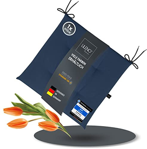 LILENO HOME 1er Set Stuhlkissen Dunkelblau (40x40x4,5 cm) - Sitzkissen für Gartenstuhl, Küche oder Esszimmerstuhl - UV-beständige Indoor u. Outdoor Stuhlauflage als Stuhl Kissen (Laura FUM)