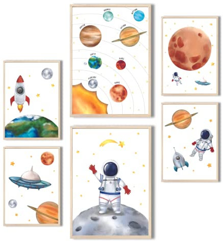 MeinBaby123® Kinderzimmer Poster Astronaut | 6er Set Poster Set 2x DIN A4 & 4x DIN A5 | Weltall Raketen Planeten | Kinderzimmer Deko Mädchen Junge | Babyzimmer (Astronaut V2)