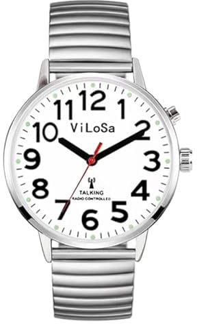 Montre parlante Parlant l'heure, la Date ou l'heure d'alarme pour Les Personnes âgées, malvoyantes ou aveugles. Cadran Blanc, Chiffres Noirs avec Bracelet Extensible en Acier Inoxydable