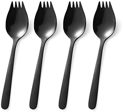 JUCOXO Sporks 4 Pack Stainless Steel Sporks 5.9 inch Spork Spoon for Ice Cream Spoon Salad Forks, Fruit Appetizer Dessert Spoons (Black)