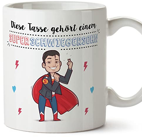 Mugffins Tassen/Becher mit Spruch für SCHWIEGERSOHN - Auf Deutsch - Superfamilie - 11 oz / 330 ml - originelles und lustiges Geschenk