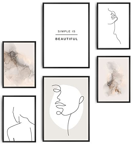 decomonkey | 6er Poster Set OHNE Bilderrahmen | Abstrakt | 4 x DIN A4 & 2 x DIN A3 | Wohnzimmer Schlafzimmer Wandposter Blider Collage Modern Wanddeko Line Art Sprüche Schwarz Weiß Marmor