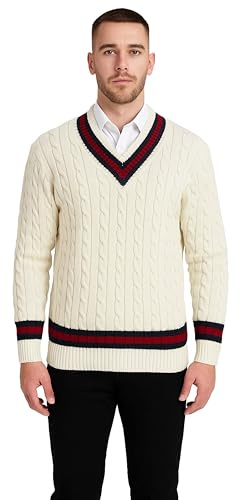 COMFYLOT & KK TRADERS MCR LTD Men’s V Neck Cable Knit Cricket Jumper Pullover Sweater | Adults Long Sleeve Cable Stripe Knitted Cricket Golf Sweater Sportswear Jersey Top Vest Plus Size S-4XL