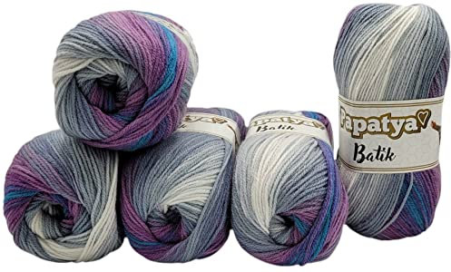 5 x 100 g Strickgarn Papatya Batik mehrfarbig mit Farbverlauf, 500 Gramm Strickwolle bunt, Farbverlaufsgarn (lila blau grau weiss 554-31)