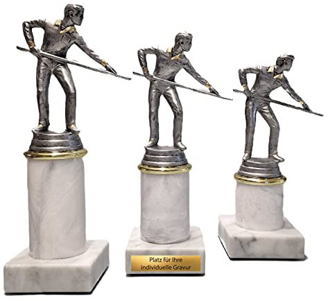 eberin · Billard Pokal mit Gravur · Billard Cup · Billard Wanderpokal · Billardspieler mit Queue auf Säule/Marmor weiß · Auszeichnung · Pokal in 3 Größen erhältlich · (19,7 cm)