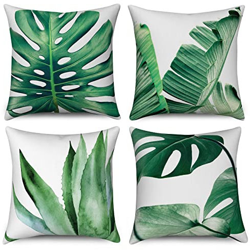 Hnmdmyi Kissenbezug Grün 45x45 4er Set, Tropische Bananenpalme Monstera Blätter Pflanze Dekorative Kissenbezüge Leinen Quadratische Kissenhülle für Sofa Couch Bett Garten Outdoor Home Decor