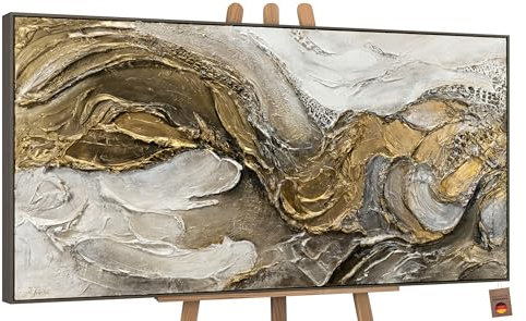 YS-Art Luxus XXL Abstrakt Acryl Gemälde auf Leinwand Unendlichkeit handgemalt Wandbilder Wohnzimmer modern Wohndekor Design Bild Gold echte Kuns 120x60 cm