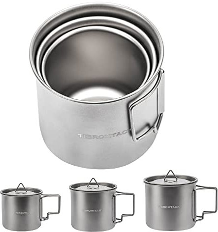 Tasse de Camping en Titane Set de cuisine 500 ml cafetière cuisinière de camping avec poignée pliante pour sac à dos randonnée survie avec sac en filet et couvercle (500ml/16.91 fl oz)