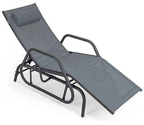 COSTWAY Garden Rocking Sun Lounger, 3 Positions Adjustable Patio Glider Chaise Lounge Sunbed with Armrests & Pillow, Outdoor Recliner Chair for Deck, Balcony, Yard and Poolside, Grey