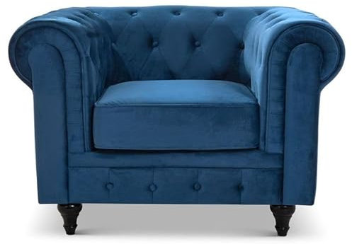 Bravich Velvet Chesterfield Armchair- Blue. Single Seater Arm Chair, Soft Plush Fabric Couch. Living Room Furniture, Easy Clean. Single Seater- 110cm x 90cm x 78cm
