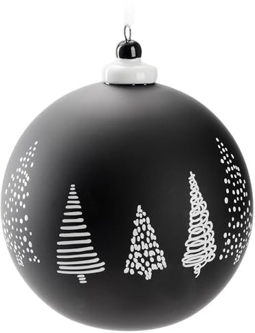 BRUBAKER Premium Weihnachtskugel Schwarz - Tannenbäume - 10 cm Baumkugel Matt und Handbemalt - Glas Weihnachtsbaumkugel mit Porzellan Topper - Christbaumschmuck Anhänger