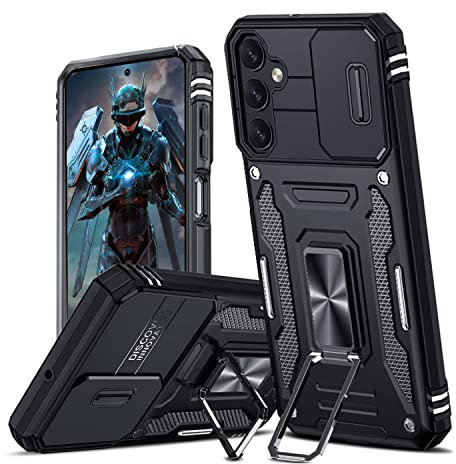 TUUTPU Hülle für Samsung Galaxy A15 5G/4G Kameraschieber Schutz, Hybrid Handyhülle mit Kameraschutz Kickstand Ständer Metall Ring Handy Hüllen, Militärqualität Standard Stoßfeste Schutzhülle, Schwarz