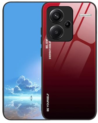 UPLAI Case for Xiaomi Redmi Note 13 Pro+ Plus 5G, Ultra Thin Shockproof Cover with Gradient Color Tempered Glass back, Soft TPU Silicone Bumper Stylish Cover.Red Black