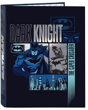 Safta BATMAN LEGENDARY Ordner mit 4 Ringen, ideal für Kinder unterschiedlichen Alters, bequem und vielseitig, Qualität und Widerstandsfähigkeit, 26,5 x 33 cm, Marineblau, marineblau, Estándar, Casual