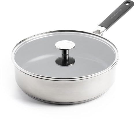 KitchenAid Classic Stainless Steel PFAS-Free Healthy Ceramic Non-Stick 26 cm/3.6 Litre Sauté Pan with Tempered Glass Lid, Clad, Induction, Stay-Cool Handle, Oven Safe up to 160°C, Silver