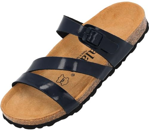 Palado Pantoletten Damen Ikaria – bequeme Sandalen Made in Spain - Hausschuhe mit dämpfendem Kork-Fußbett - modische Sommerschuhe Dunkelblau Lack UK5,5 - EU38