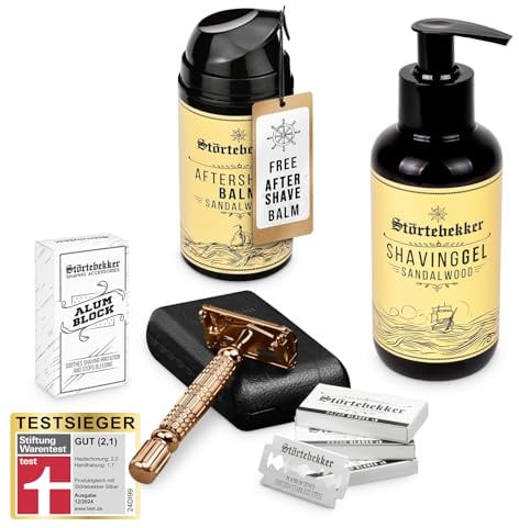 Störtebekker® Premium Rise 'N Shine Shaving Set - Rasierset für Herren - mit Rasierhobel (Rosé - Gold) inkl. Etui (Schwarz) & 10 Klingen, Rasiergel, After Shave Balm & Alaunstein - Rasier Set