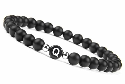 Wycian Freundschaftsarmband, Edelstein Armband 6mm Perlen Achat Kristall Schwarz Metalllegierung Elastische Perlen mit Buchstabe Q 17cmx6mm Elastisch 1er