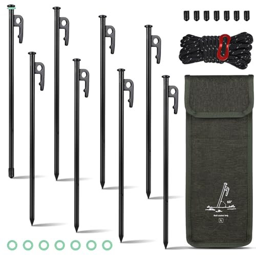 EFUTURETIME 8 x Heringe Erdnägel Stabil 30 cm Zeltheringe Sturmsicher, Erdanker Bodenanker Camping Rostfrei mit 8 Leuchtender Ring und 4m Seil
