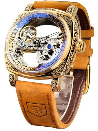 FORSINING Herren-Armbanduhr, luxuriös, quadratisch, geschnitzt, mechanisch, Retro-Totem, doppelseitig, hohl, Skelett, selbstaufziehend, Automatikuhren, Vintage-Lederarmband, Armbanduhr Reloj para