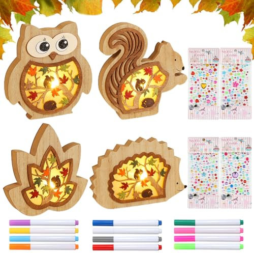 4 Stück LED-Stimmungsleuchten Herbst,Herbst Deko Leuchten aus Holz,Herbst Holz Ornament,Hölz Herbst Dekoration Lampe,Herbstdeko Lampe,Fall Decor Tisch Fenster für Party Erntedankfest Innen Deko