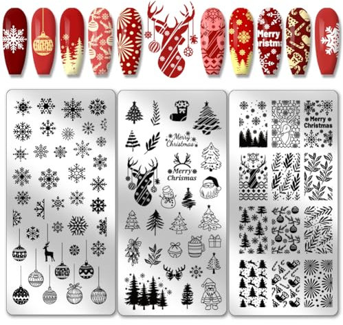 PH PandaHall Weihnachten Thema Nailart-Platten 3pcs Nail Stamping Platte Schneeflocke Weihnachtsbaum Glocke Schneemann Bild Platte Nail Art Design Stempel Kit DIY Nail Art Schablonen