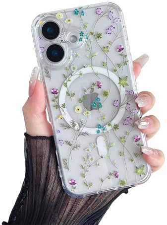 RALEAVO Magnetic Case for iPhone 16, Compatible with Magsafe Cute Flower Girls & Women Clear Case Silicone Shockproof Protective Cover with Floral Pattern Case for iPhone 16-Branches