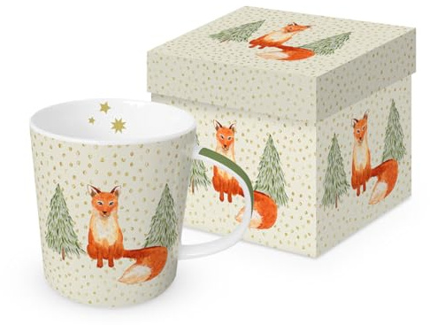 PPD Tasse Weihnachten Fuchs an grünen Bäumen aus Porzellan. Motivtasse für den gedeckten Tisch und als Geschenk. 0,4L x H10,5cm