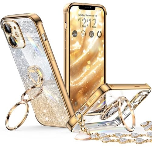 XYZ for iPhone 12 Case with Stand, Phone Case with Double Ring Kickstand, Women Girls Bling Luxury Glitter Clear Phone Case Cover Heart for iPhone 12, Gold