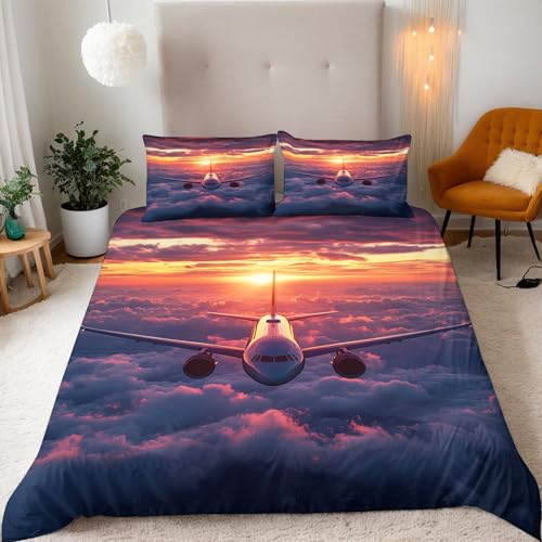 Generisch Flugzeug Bettwäsche 135x200 Junge Mädchen Bettbezug 3D-Druck Muster Teenager Bettwäsche-Set Mikrofaser Bettbezug Mit Reißverschluss Und 2 Kissenbezug 80x80 cm