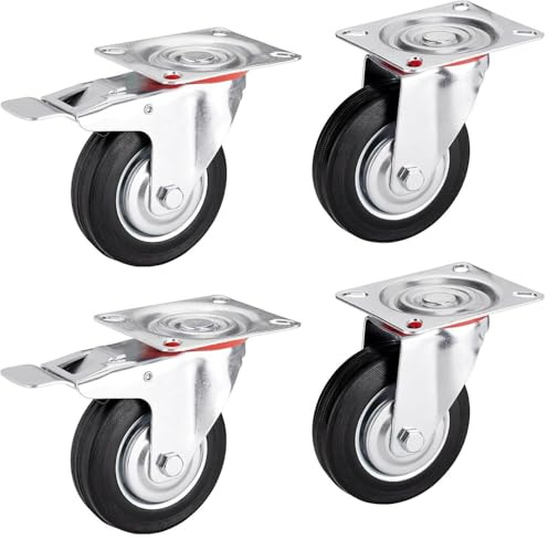 4er SET SOTECH Transportrollen RED Ø 160 mm Traglast bis 440 Kg | (2x Lenkrollen, 2x Lenkrollen mit Bremse) Höhe 196 mm, Anschraubplatte 130 x 102 mm Möbelrolle