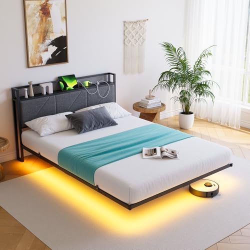 HAHRIR 120 x 200 cm Schwebebett-Rahmen mit LED-Leuchten & USB-Ladestation, Metall-Plattform-Bett-Rahmen mit gepolstertes Kopfteil Storage，Heavy Duty Metall-Latten, Lärm frei/Dunkelgrau