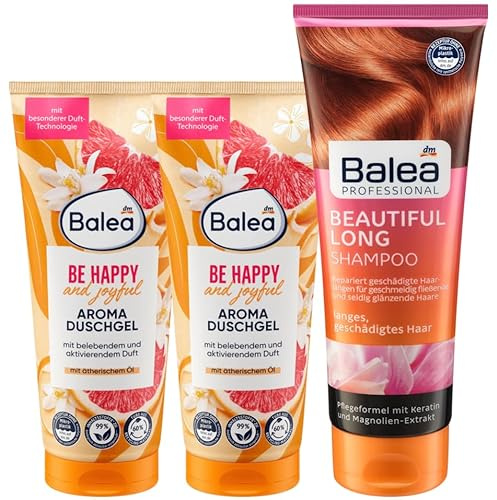 Balea 3er-Set-Körperpflege: Aroma Duschgel Be Happy fruchtig aktivierend mit ätherischem Öl, 2 x 200 ml + Professional Shampoo Beautiful Long Glanz & Geschmeidigkeit für längeres Haar, 250 ml (650 ml)